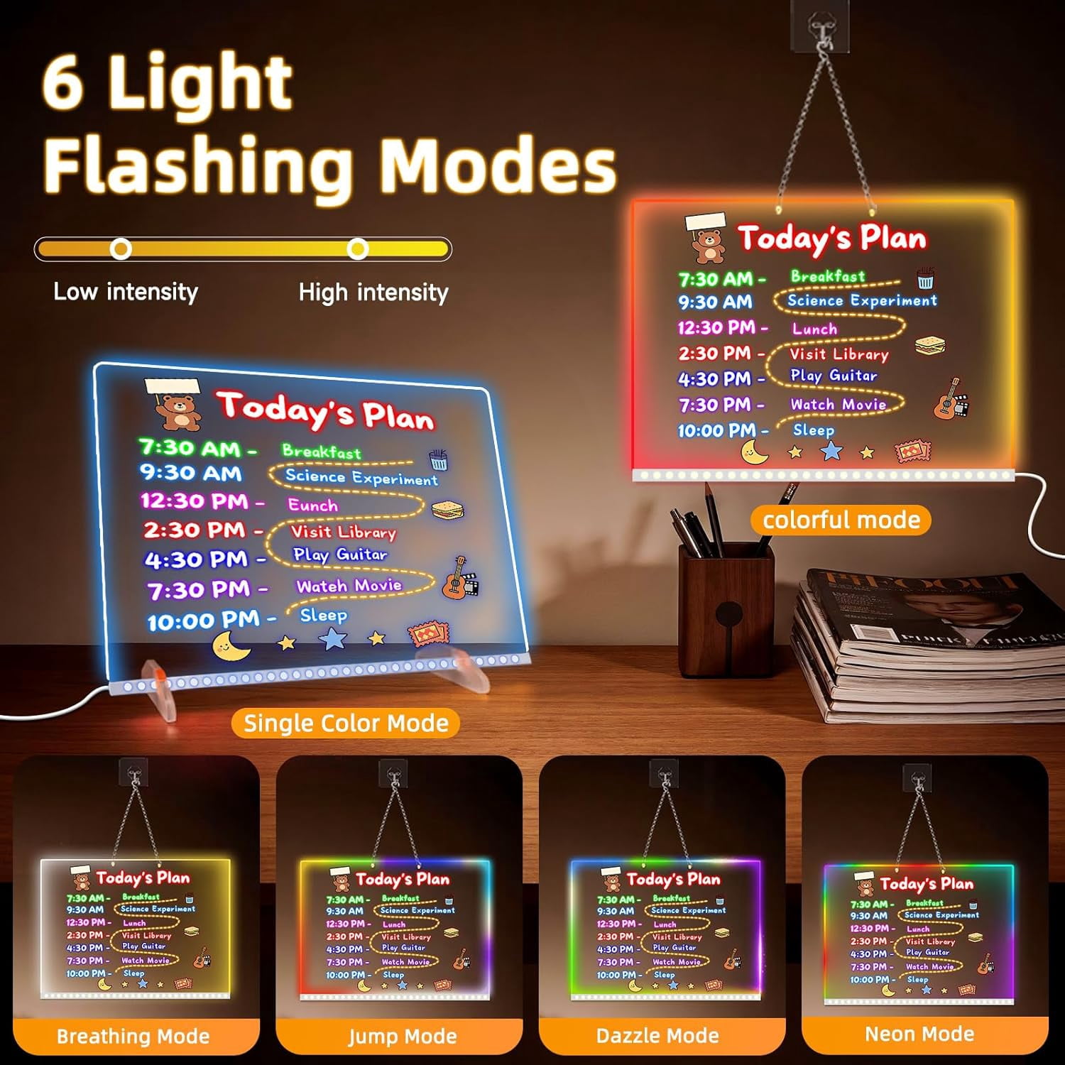 16'' Led Drawing Board for Kids with 8 Colors 6 Modes, Led Note Board with Colors, Light up Acrylic Dry Erase Board Includes Adapter, 7 Markers, Glow Doodle Board Holiday Gifts for Kids/Girls/Teens