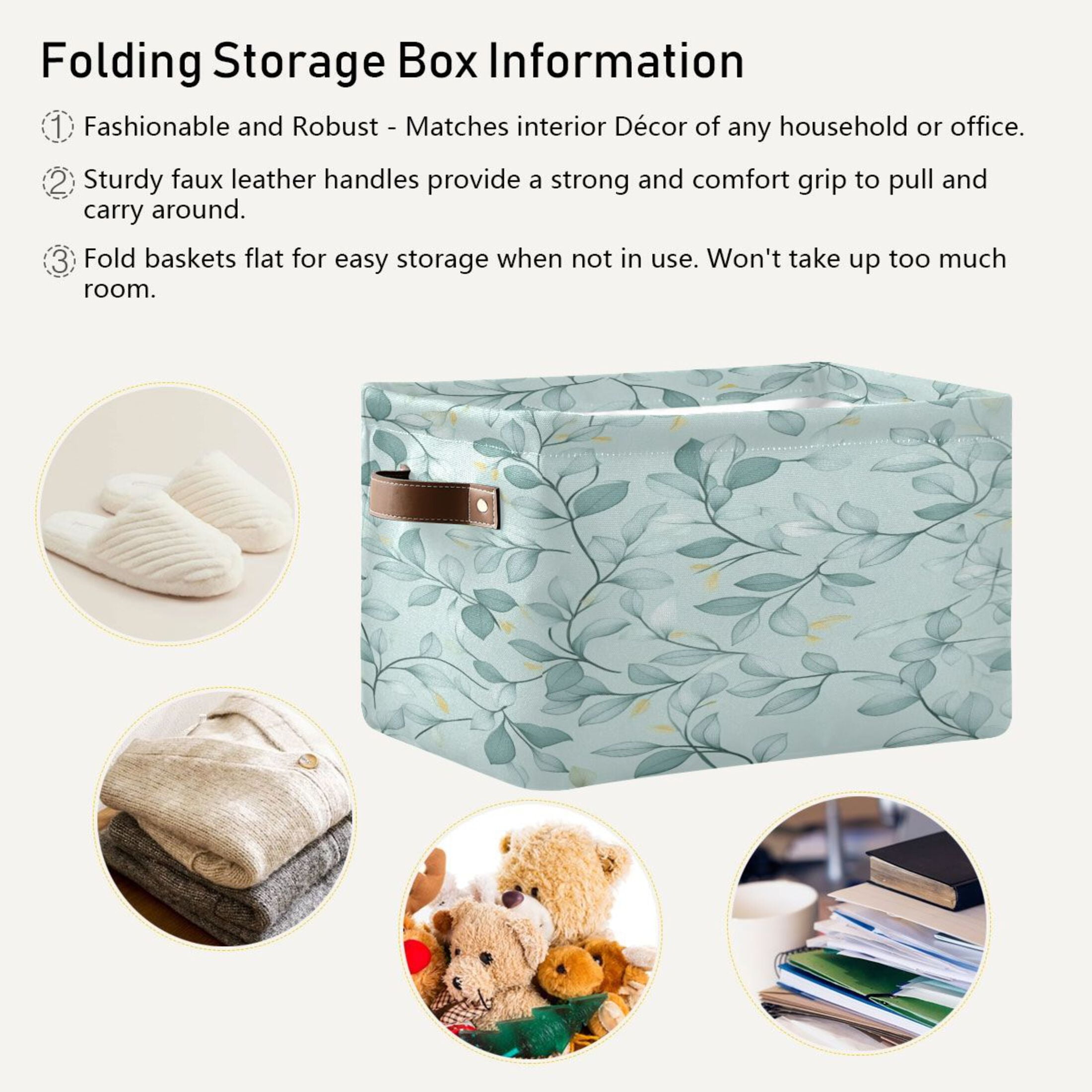 Seamless Green Leaf Foldable Storage Basket,Canvas Fabric Foldable Storage Bins with Handles Open Home Storage Bins Boxes for Toy Book Shelf Closet Baskets