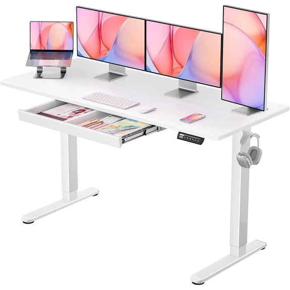 Kyspho 55" x 24" Electric Standing Desk with Drawers, Height Adjustable Desk with 4 Preset Heights, Ergonomic Rising Home Office Computer Table with Splice Board, White