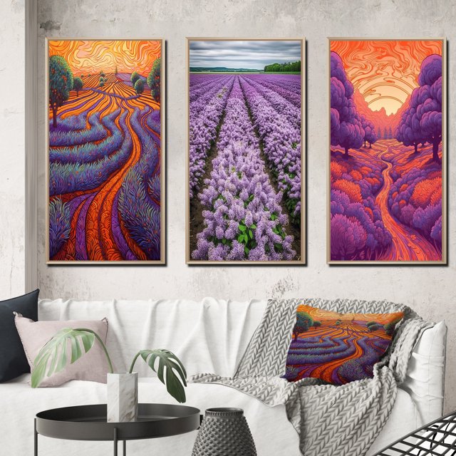 Designart "Lavender Fields Sunset Glow I" Lavender Framed Wall Art Set Of 3 - Purple Traditional Frame Canvas Set For Living Room Decor