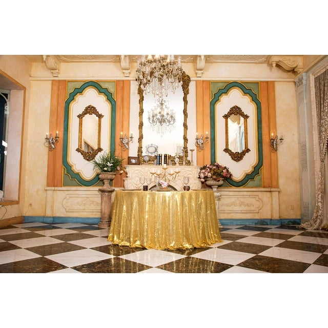GFDYREE 132" Round Sparkly Gold Sequin Tablecloth for Wedding, Party, Christmas Decorations