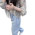 thumbnail image 3 of Tops de mujer, camisa con volantes florales, camisa de gasa con volantes, camisa con cuello redondo con volantes, materiales de la mejor calidad, 3 of 9