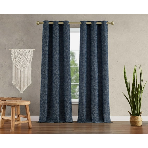 Jessica Simpson Groovy Paisley Grommet Window Curtains with Tiebacks, Navy, 38" x 96"