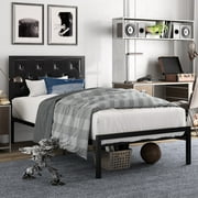 Amolife Twin Size Metal Bed Frame with Faux Leather Upholstered Headboard, Black