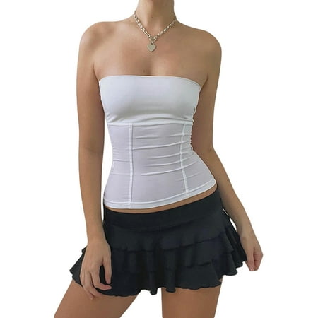 

Peyakidsaa Women Strapless Tube Tops Bodycon Corset Bandeau Sleeveless Vest Crop Tops Basic Summer Shirt