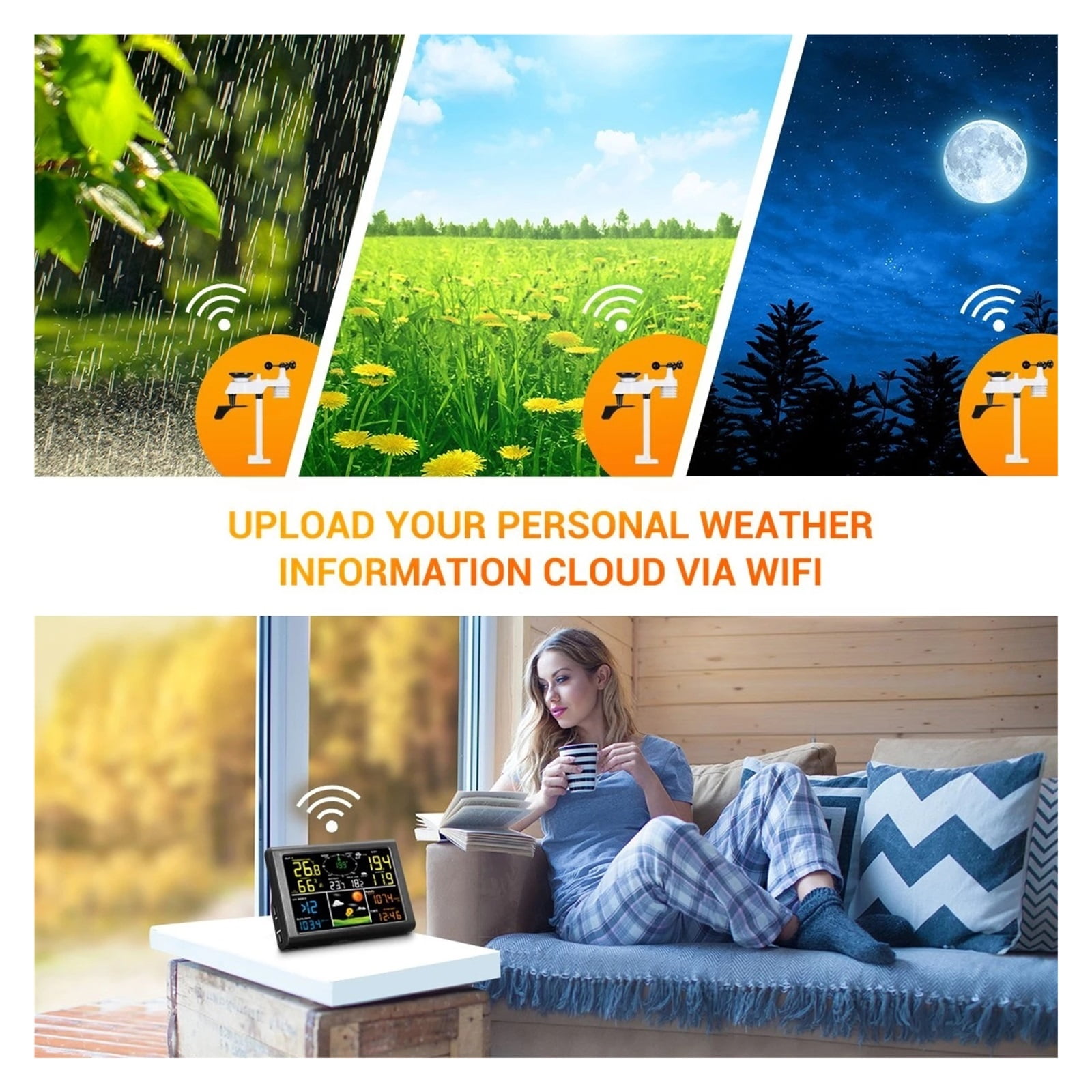Weather Station Internet Wireless With Outdoor Sensor Rain Gauge Weather Forecast Wind Digital Alarm Clock Barometer Color ,Easy to Install