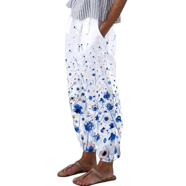 Pantalones de verano para mujer, informales, cómodos, con bolsillo suelto, con estampado floral Pompotops ulkah939793