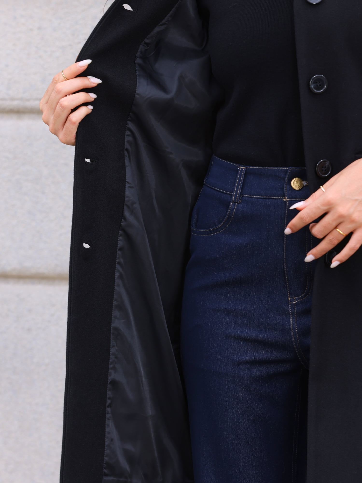 DARING DIVA Women's Stand Collar Mid-Length Overcoat with Pockets S Black