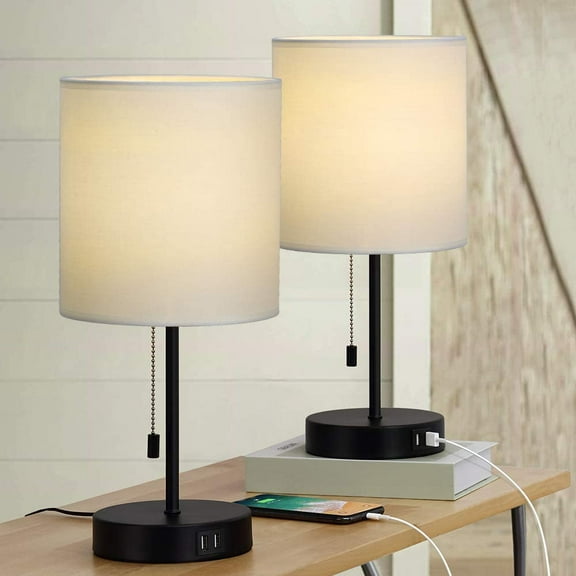 Set of 2 USB Table Lamps, Bedside Nightstand Lamps with Cylinder Fabric Shade for Living Room Bedroom Office, White