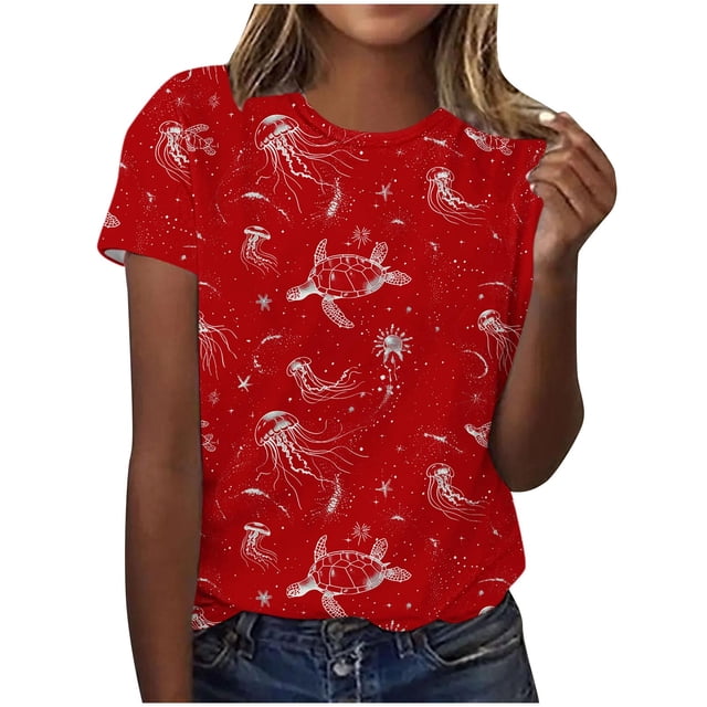 Pisexur Hauts de Printemps pour Femmes, Pull Décontracté à Manches Courtes Imprimé, Col Rond, Blouses Habillées Décontractées pour Femmes, Rouge, S