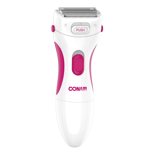 conair ladies cordless twin foil shaver con recortadora emergente Afeitadora y recortadora inalámbrica para mujer en blanco y rosa, vista frontal centrada con doble lámina metálica, botón "PUSH" del recortador emergente y cuerpo ergonómico con controles rosas; diseñada para eliminar vello en rostro, piernas, línea del bikini, orejas y nariz; adecuada para llevar en viajes.