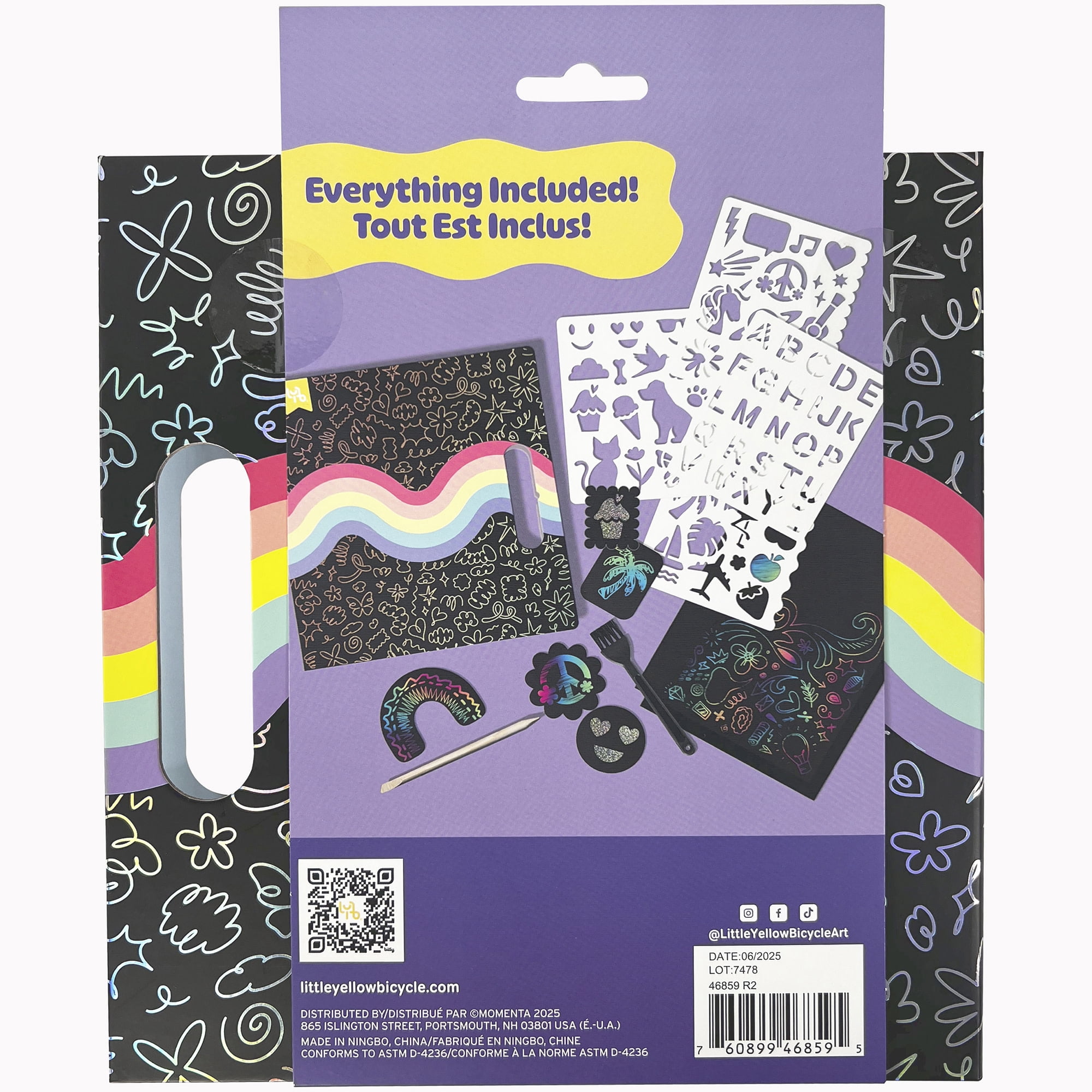Little Yellow Bicycle: Scratch Art Kit - 4 Rainbow & 4 Sparkle Sheets, Stickers & Shapes, 4 Stencils, Scratch Tool & Brush, Travel Folder, Kid 5+