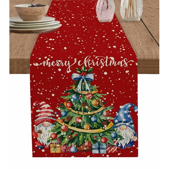 ERUNPONLY Christmas Table Runner - 90 Inch Long Red Gnomes Xmas Tree Snowflakes Balls Cotton and Linen Blended Dress Scarves Farmhouse Table Runner for Kitchen Dining, Coffee Table, 13"x90"