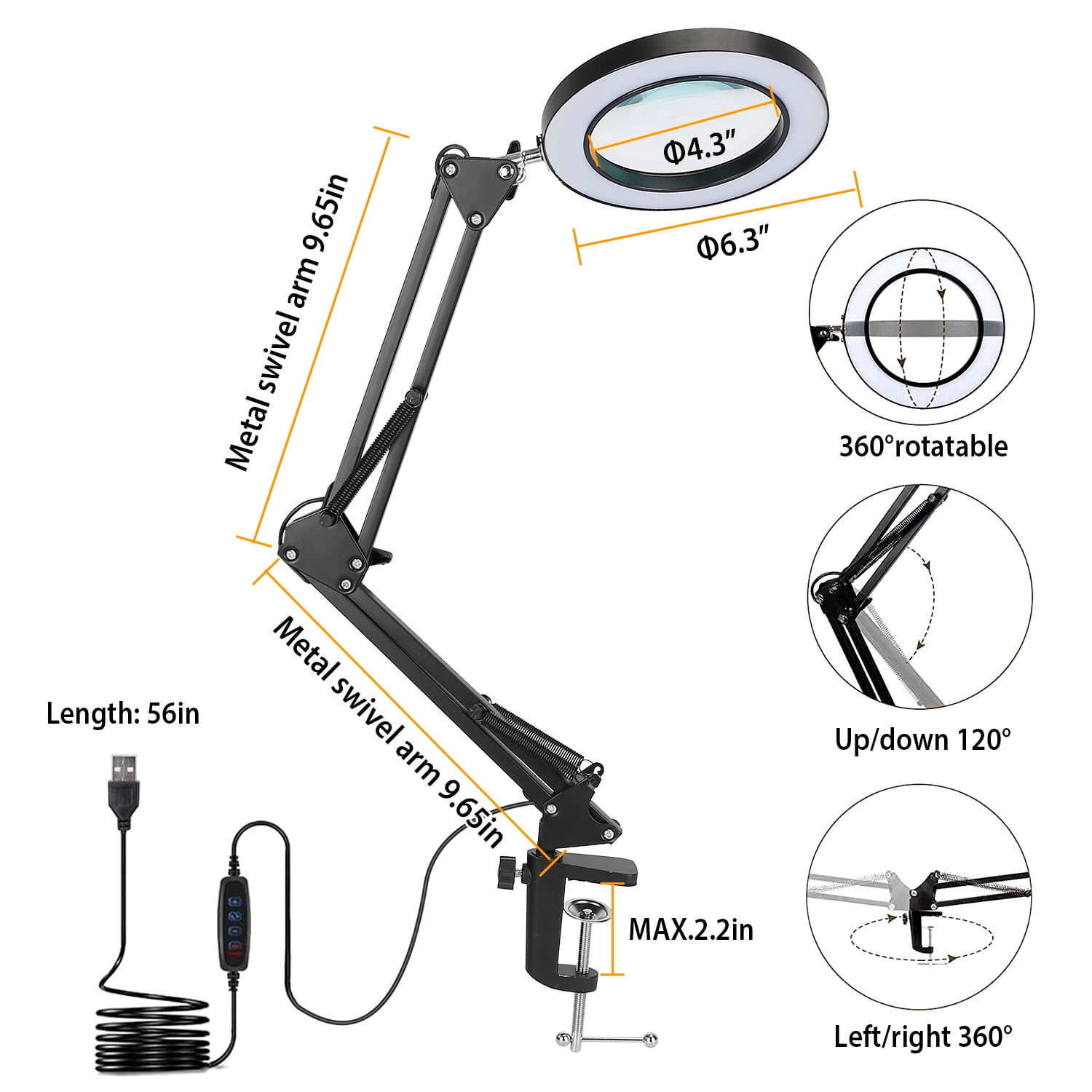  TOMSOO 8X Magnifying Glass with Light and Clamp, 5 Color Modes  Stepless Dimmable Lighted Magnifier with Stand, Flexible Gooseneck LED Desk  Lamp Hands Free for Craft Reading Painting Hobby Close Work 