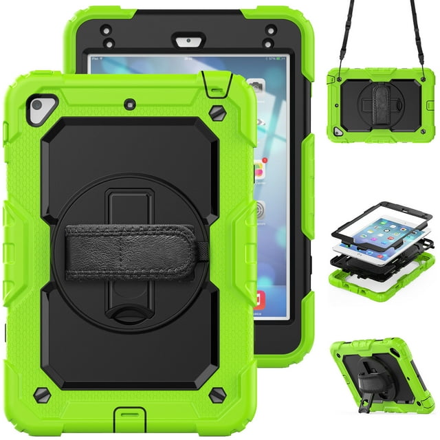 Case for iPad Mini 5 2019/Mini 4 2015 (5th/4th Generation 7.9 inch) with Screen Protector, 360 Degree Rotating Kickstand Hand Strap Shockproof Cover with Shoulder Strap, Lime