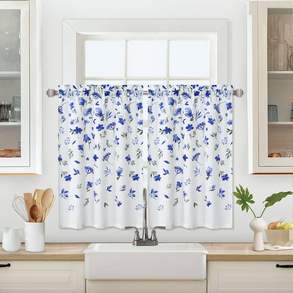 GlowSol 26"W x 30"L Watercolor Floral Cafe Curtains Farmhouse Small Tier Curtains Flower Leaf Pattern Cafe Curtain, Navy Blue, 2 Panels