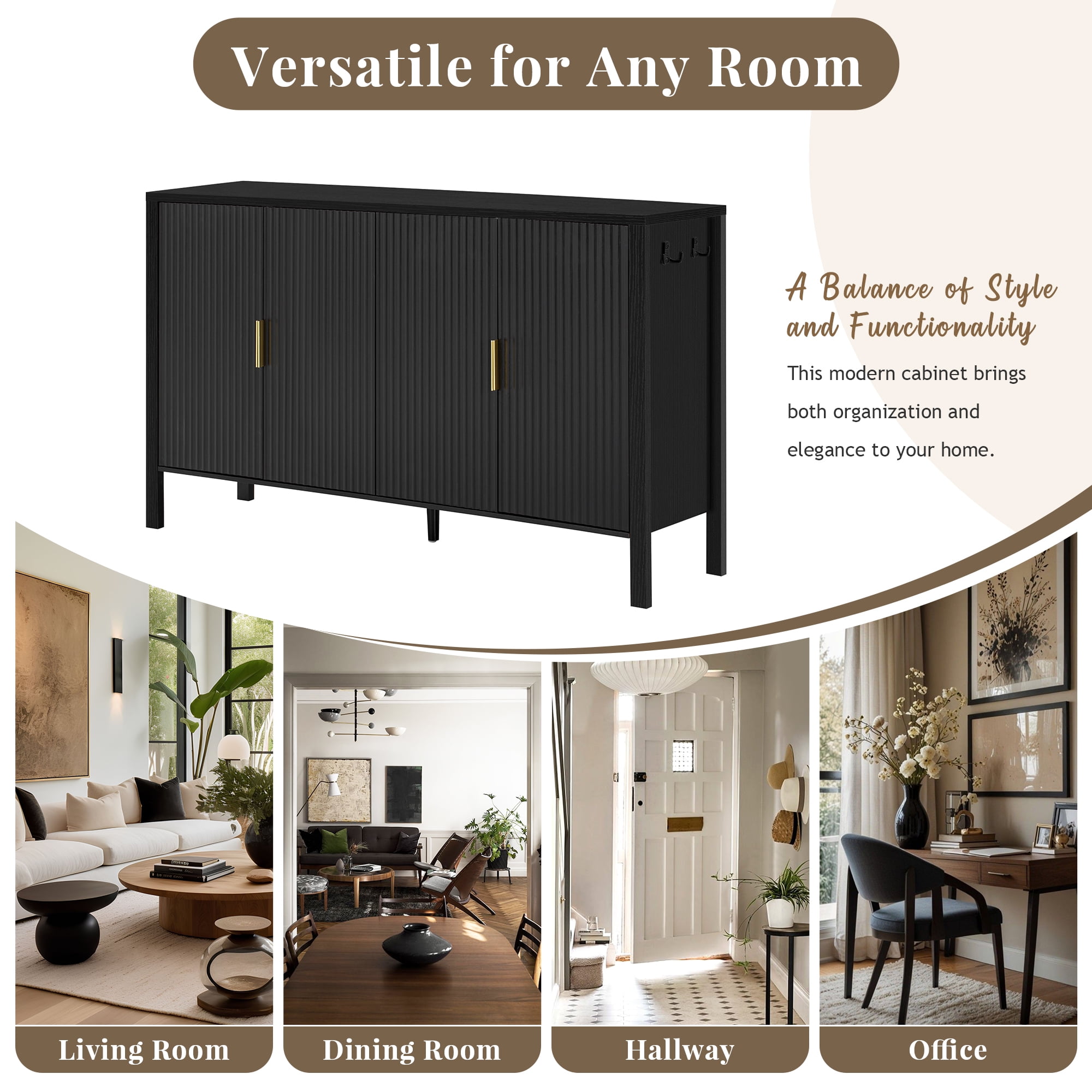 Storage Cabinet with 4 Doors, Modern Sideboard with Back-of-Door Racks & Side Hooks, Adjustable Shelves, 57.5" x 15.7" x 35.2", Black