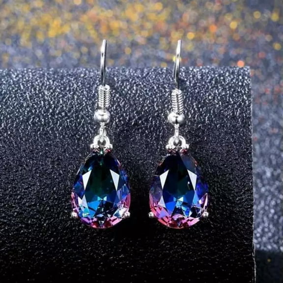 HOOUN 925Silver Women Mystic Topaz Earrings Ear Hook Dangle Wedding Rainbow CZ Jewelry-01#Rainbow