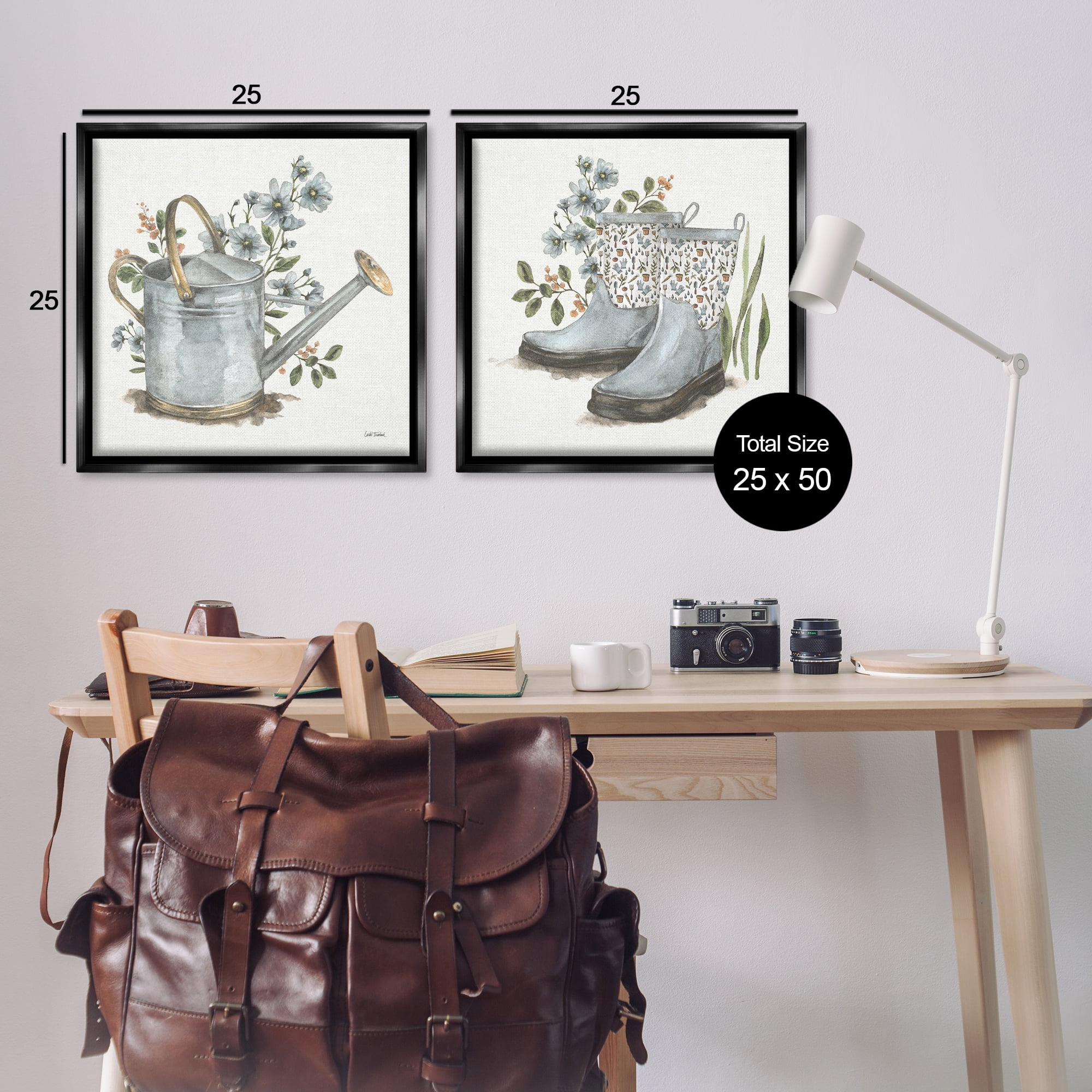 Stupell Industries Floral Watering Can Gardening Boots Plants & Flowers Painting Black Floater Framed Canvas Art Print Wall Art, 25 x 25, Set of 2