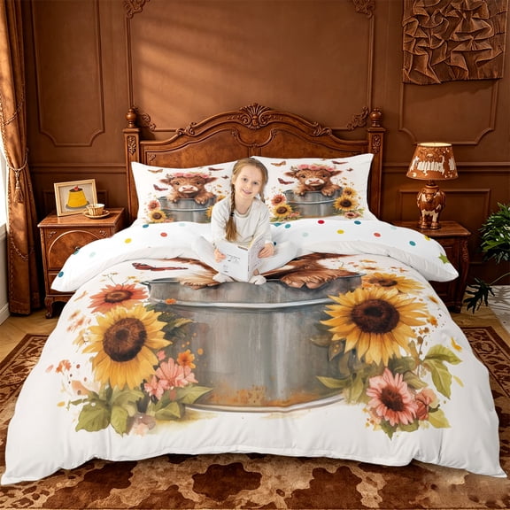 jejeloiu Highland Cow Sunflower Duvet Cover Set Kids,Floral Farm Print Bedding Full,Reversible,3 Pieces(No Comforter)