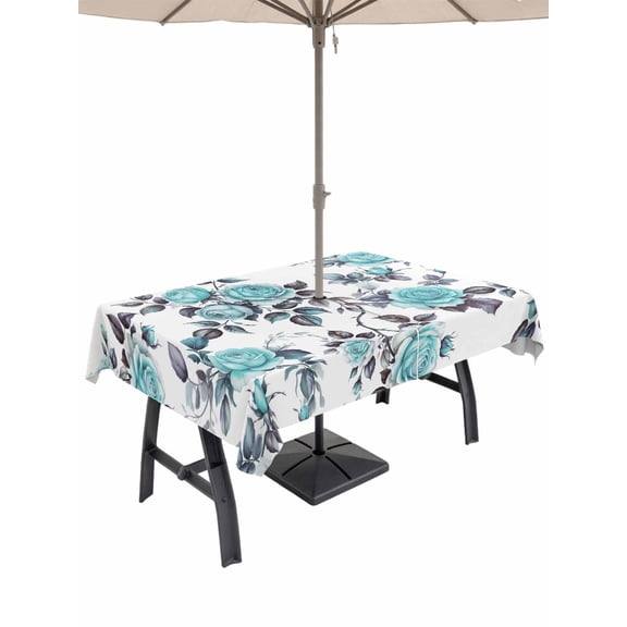 52x70 Inch Outdoor Tablecloth with Umbrella Hole Zipper Rectangle Aqua Rose Rectangular Tablecloths Outside Waterproof Rustic Romantic Botanical Floral Vines Art Patio Table Cover for Picnic Party