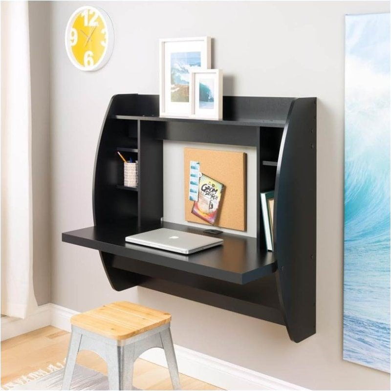 Pemberly Row Floating Computer Desk With Storage In Black Com - Floating Wall Mounted Desk Black