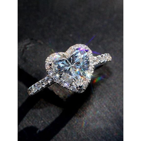Silver Heart-Shaped Cubic Zirconia Ring For Women, Elegant Engagement Or Anniversary Gift