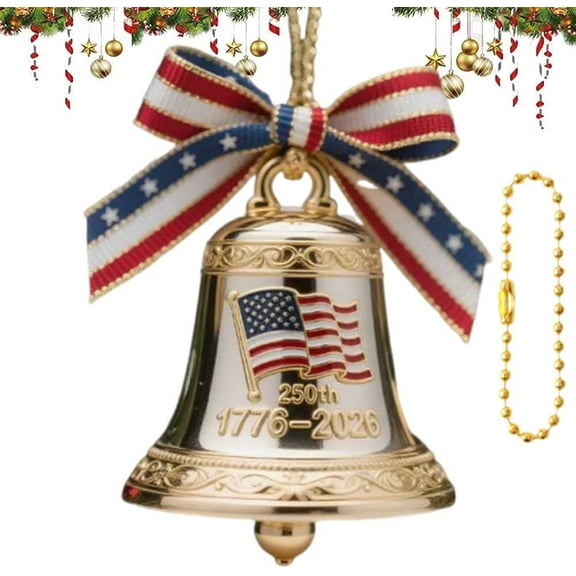 USA 250th Anniversary Bell Ornament - Red & Gold Commemorative Hanging Decor, Elegant Doorbell For Patriotic Holidays,Christmas Tree Decorations Collectors Gifts, Enamel Crafted Detailing