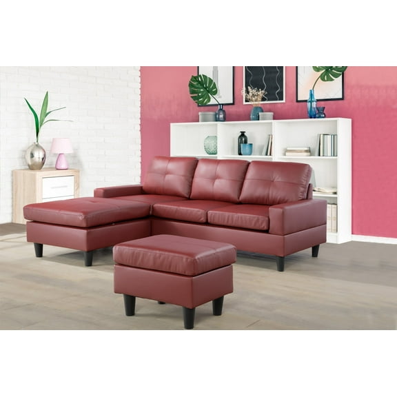Ainehome Furniture Convertible Sectional Sofa with Ottoman Modern L Shape Sectional Couch Faux Leather Couch for Small Space, Red