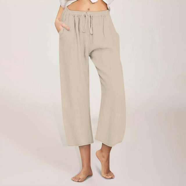 Meichang Linen Capri Pants for Women Summer Drawstring Elastic High Waist Pant Straight Wide Leg Cropped Trouser Solid Cotton Linen Pants with Pockets