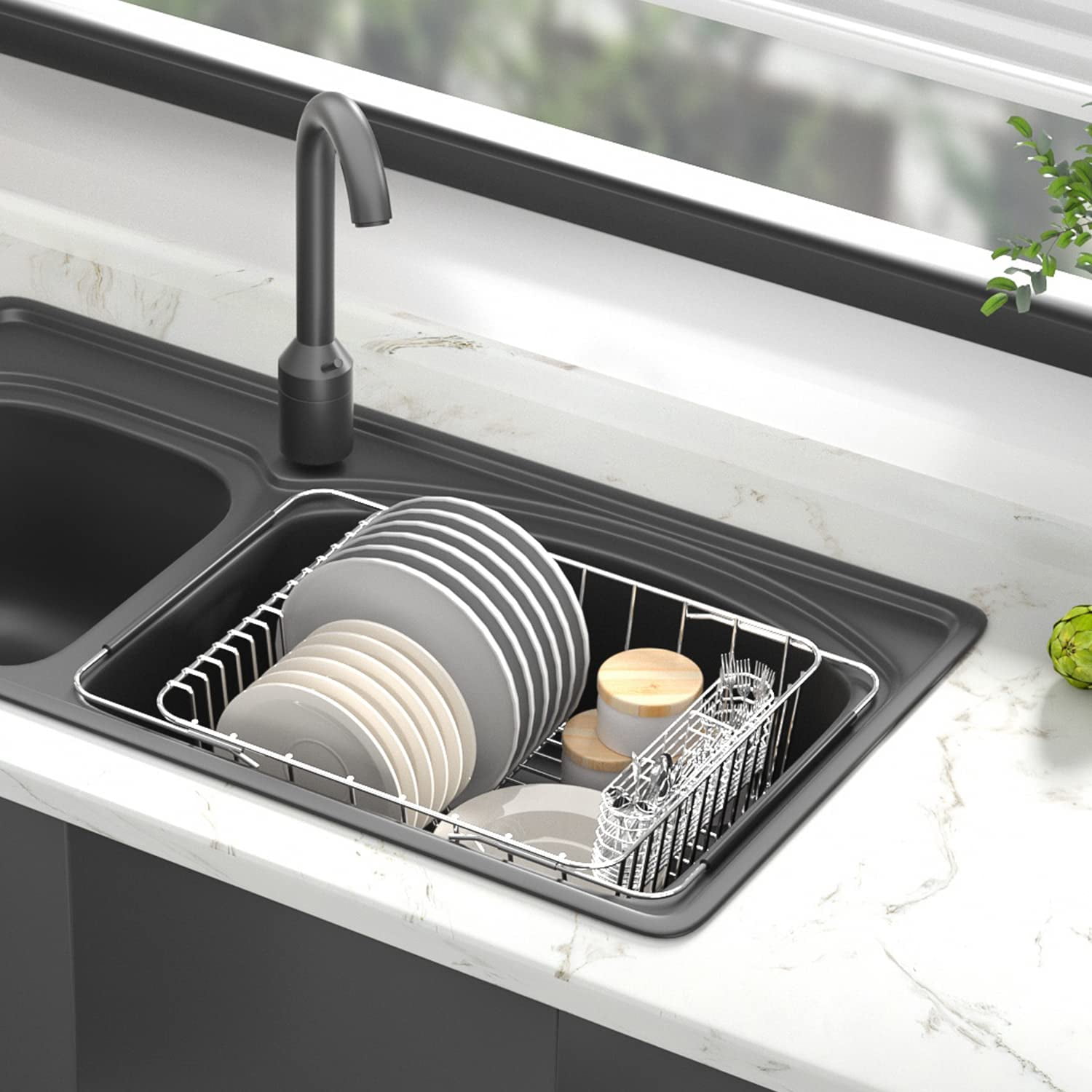 Sink Dish Drying Rack 304 Stainless Steel Rustproof Expandable Dish Drainer Organizer with Stainless Steel Silverware Holder Over Inside Sink Adjustable 14.96 to 20.59 Maximium 13 Upright Dishes Walma...