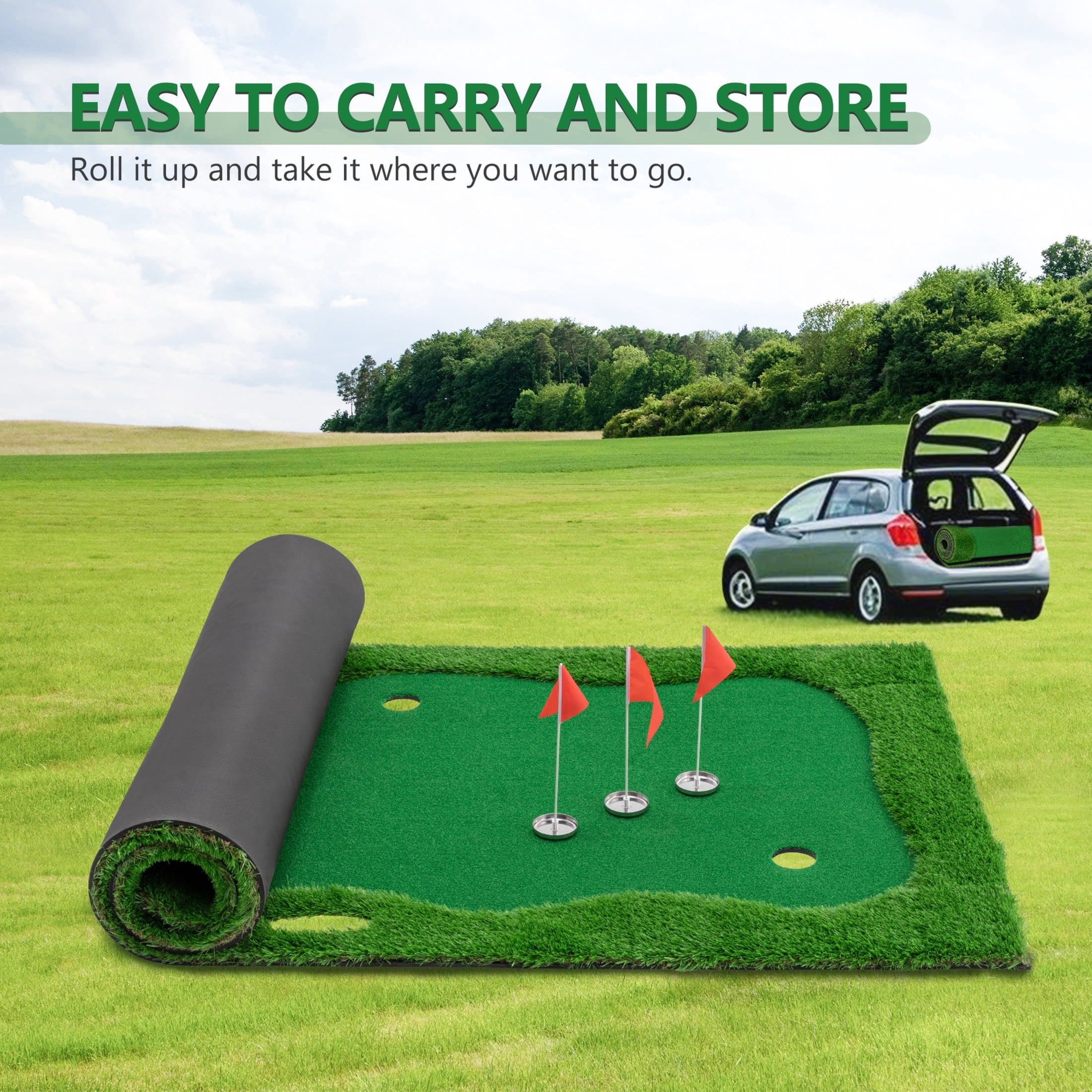 Noble House 12x5 FT Professional Golf Putting Mat with Hole Cups and Non-Slip Rubber Base, Indoor Outdoor Use, Green