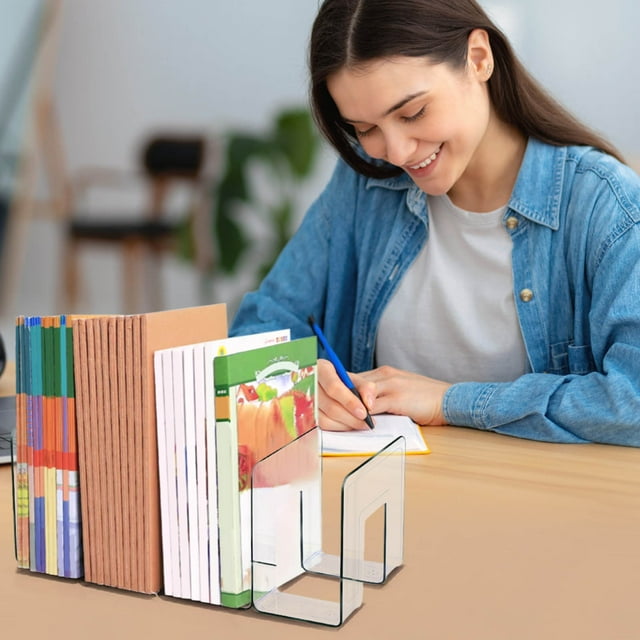 Sturdy ABS Bookends for Desk - 4 Partition Large Capacity Book Organizer, Thickened 4.18mm Non-Slip Holders, Rounded Burr-Free Design for Books/Notebooks/Office Supplies, Modern Home & Office Decor