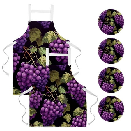 

2Pcs Grapes and Green Leaves Versatile Aprons Set - Kitchen Baking Cooking Restaurant Use - Men Women and Kids - Waterproof Pockets & Adjustable Straps-Canvas Aprons