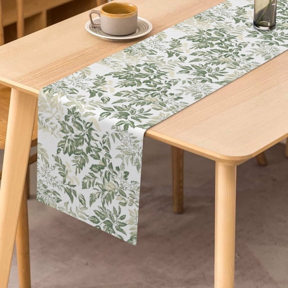 Green Leaves Table Runner 72 In Spring Plants Dining Linen Runner for Table Decorations