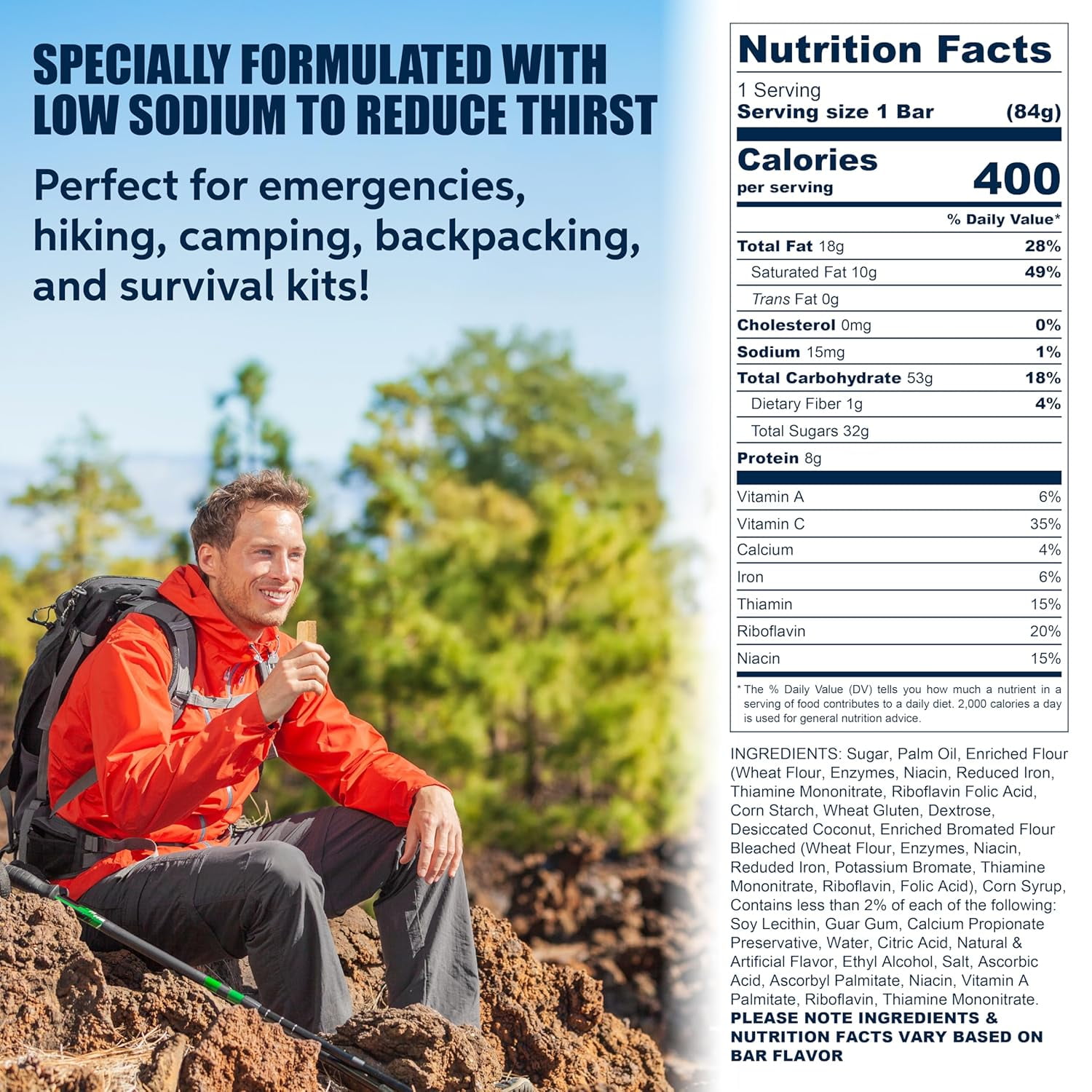 SOS Food Lab Emergency Food Bar (9 Energy Bars, 9 Assorted Flavors) - 400 Calorie, Low Sodium, Nutrient Dense Millenium Bar - Ready to Eat, 5 Year Shelf Life Survival Food for Disaster Preparedness
