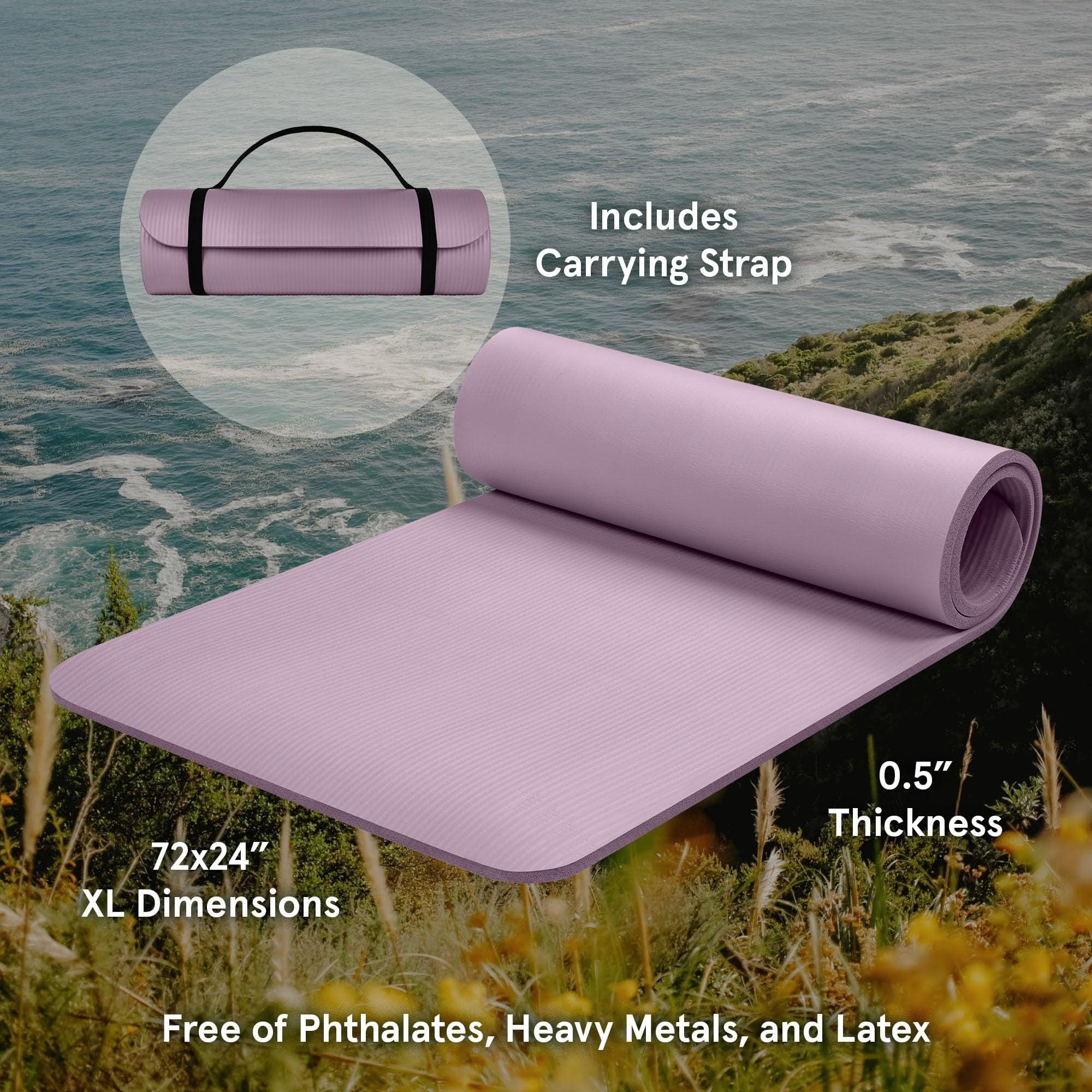 72"x24" Thick Non-Slip Yoga Mat BPA-Free Exercise Mat with Carrying Strap for Pilates & Fitness