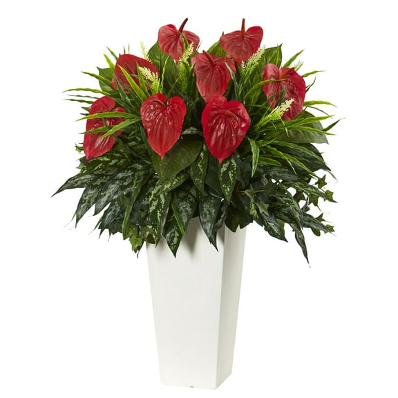 Nearly Natural Mixed Anthurium Artificial Plant in White Tower Vase, Green