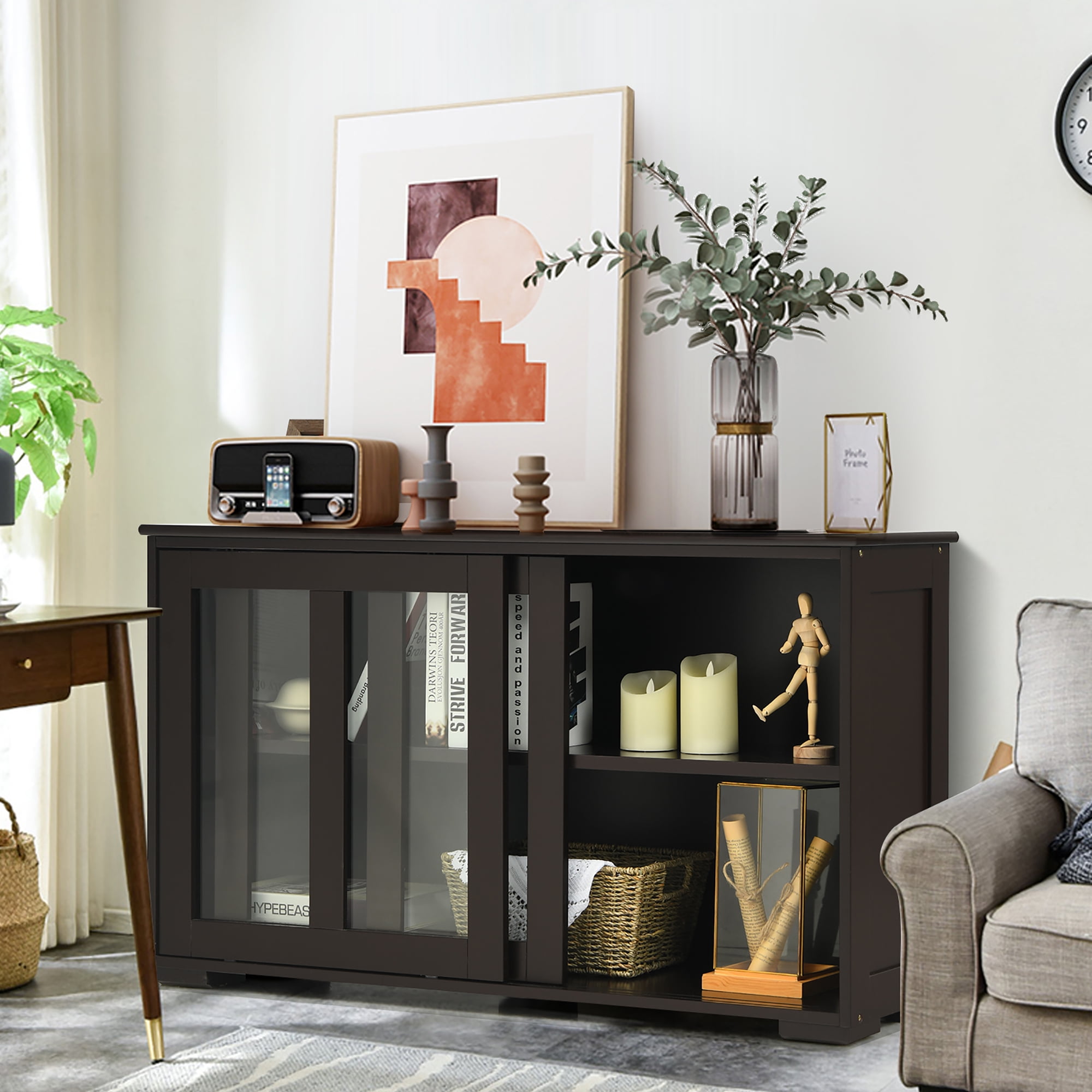 Costway Kitchen Storage Cabinet Sideboard Buffet Cupboard w/ Sliding Door Brown