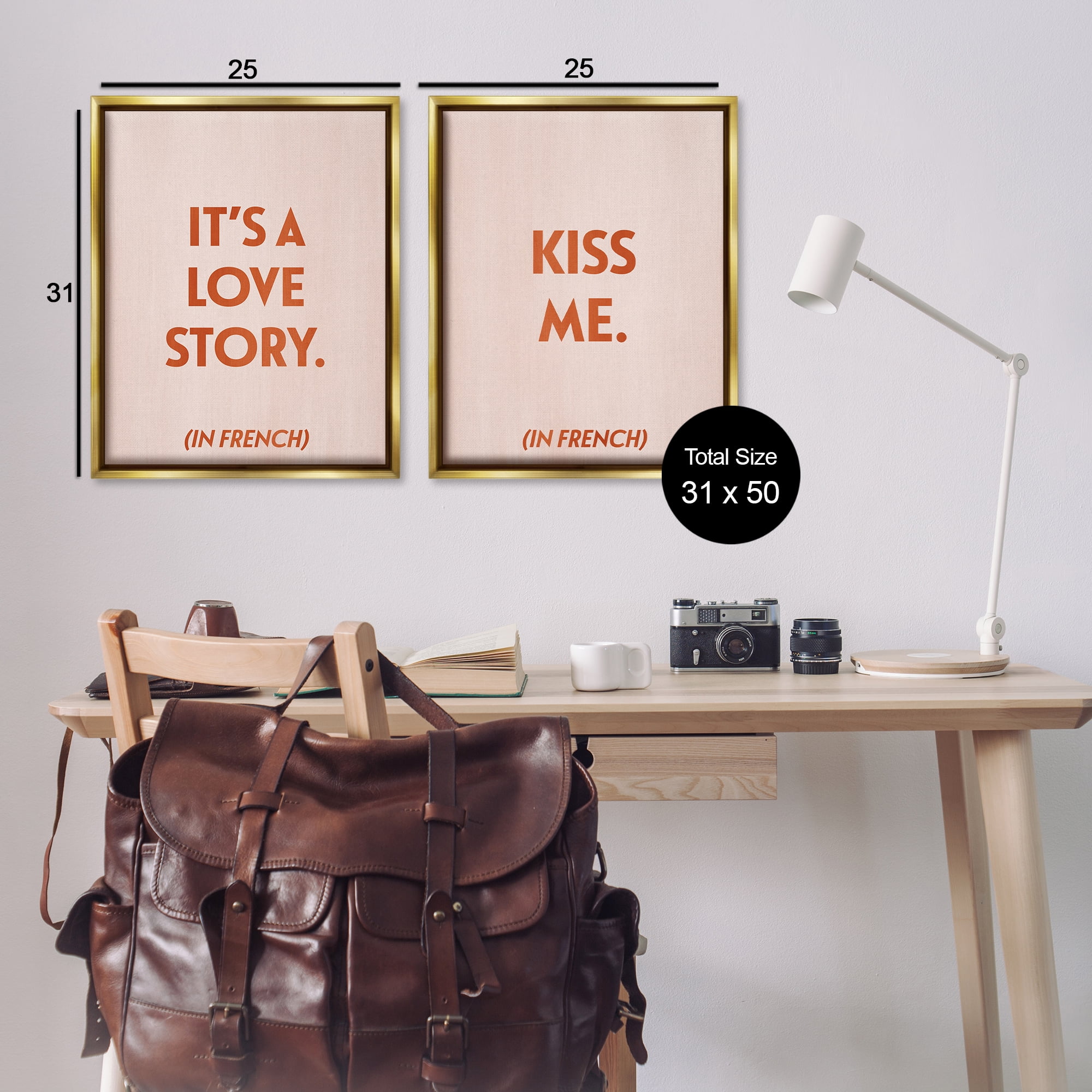 Stupell Industries Modern Love Story Kiss Text & Numbers Painting Gold Floater Framed Canvas Art Print Wall Art, 31 x 25, Set of 2