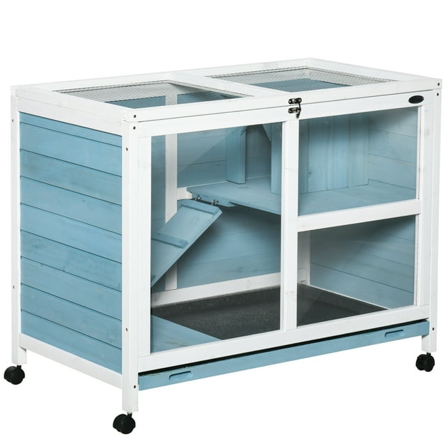PawHut Clapier Intérieur pour Lapin avec Roues, Cage pour Lapin avec Rampe, Bleu