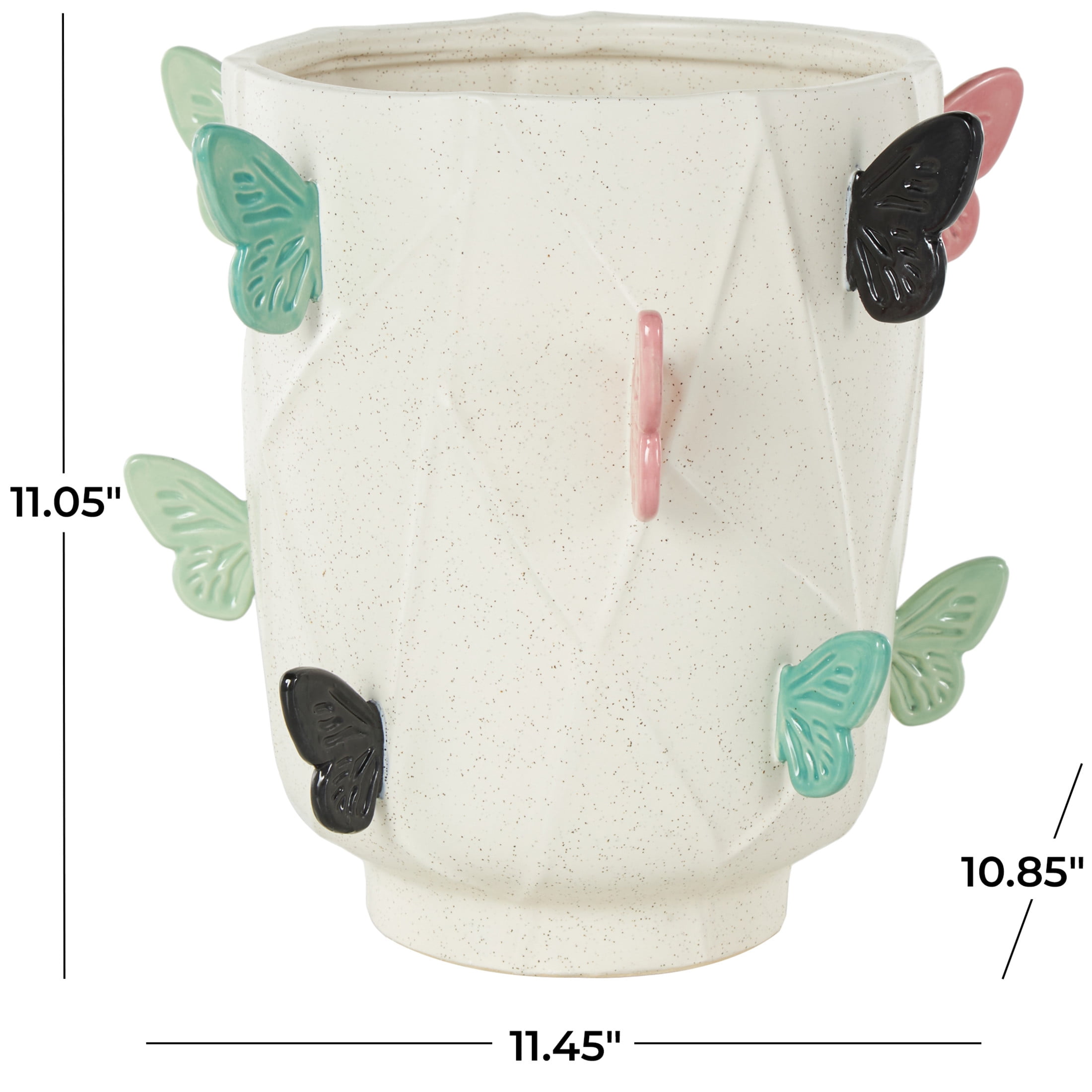 DecMode 11" Butterfly Wide White Ceramic Vase with Multicolor Accents