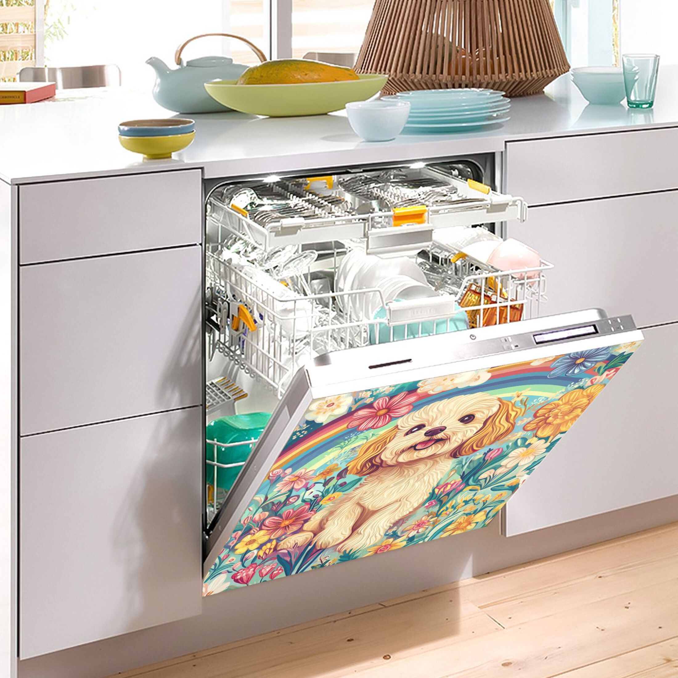 Dishwasher Magnetic Sticker 23x26 Inch Refrigerator Magnetic Sticker Washing Machine Magnetic Sticker Kitchen Panel Magnetic Sticker Home Decor Rainbow Dog Pattern