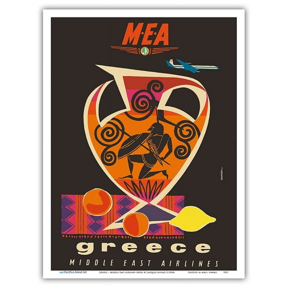 Greece - Amphora Ancient Greek Vase - Middle East Airlines (MEA) - Vintage Airline Travel Poster by Jacques Auriac c.1960s - Master Art Print (Unframed) 9in x 12in
