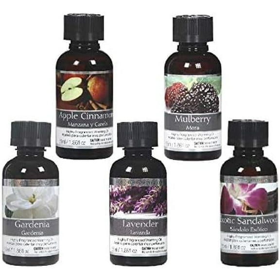 Hosley Set of 5 Assorted Fragrance Warming Oils 55 Milliliter-Gardenia, Apple Cinnamon, Lavender, Mulberry, Sandalwood. Ideal for spa Meditation Bathroom Settings O4