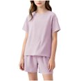 thumbnail image 3 of Babcutegg Girls Two-Piece Loungewear Set – Soft Short Sleeve Round Neck T-Shirt and Matching Casual Shorts for Spring Summer Comfort Purple Size 17-18, 3 of 9
