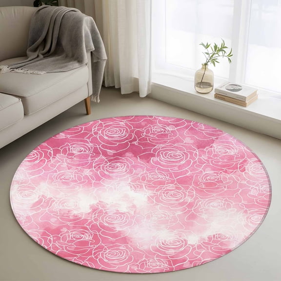 Round Area Rug 4 Ft, Valentine's Day Washable Non-Slip Circle Carpet for Living Room/Bedroom, Watercolor Roses Floral Ombre Romantic Low-Profile Crawling Mats Collection Rugs for Indoor