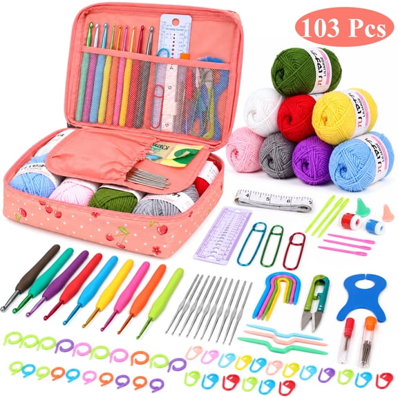 TARNIQOZ Crochet Kit for Beginners, 103-Piece Crochet Set for Adults, Include 9 Size Ergonomic Crochet Hooks, Yarns, Bag, Accessories and Supplies