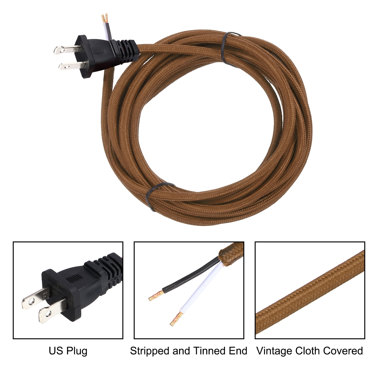 Uxcell 12Ft 18/2 Cloth Covered Lamp Cord with Plug, 2 Pcs Vintage Electrical Lamp Cord with Stripped Ends for Extension Wiring DIY Repairing, Brown