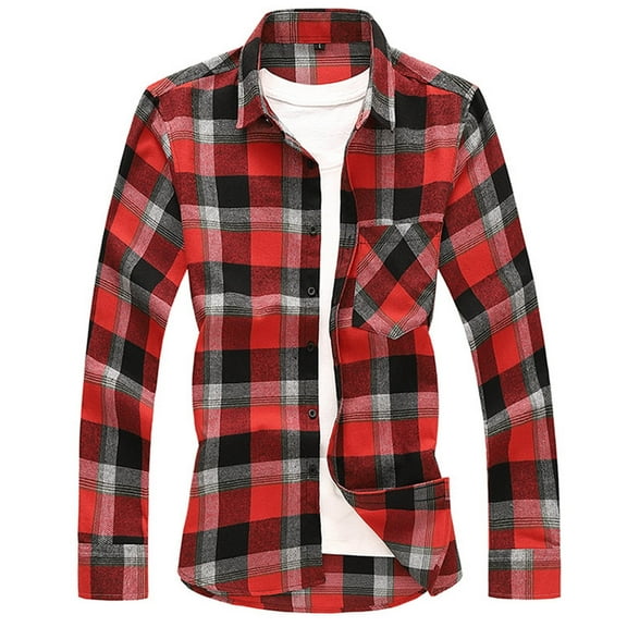 ohmzyzo Men's Western Long Sleeve Plaid Cotton Shirt Flannel Button Down Shirts Spring Fall Work Casual Shacket Big and Tall Clothes Wine XL
